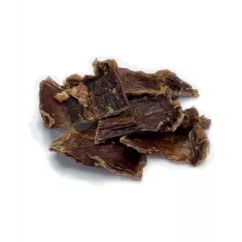 Šunų skanėstas BULT Eko Džiovinta jautiena 70 g — vieno ingrediento dehidratuotas jautienos užkandis šunims, baltymų 67,2%, riebalų 15,7%