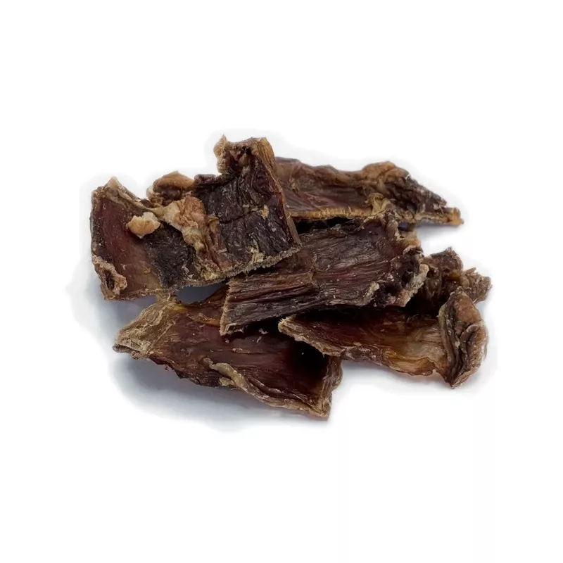 Šunų skanėstas BULT Eko Džiovinta jautiena 70 g — vieno ingrediento dehidratuotas jautienos užkandis šunims, baltymų 67,2%, riebalų 15,7%