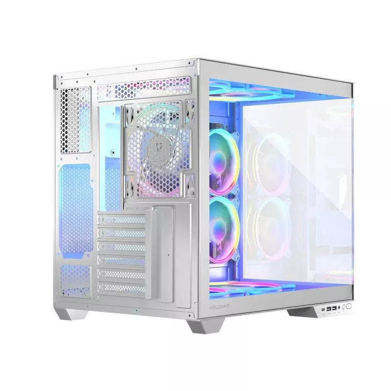 PC korpusas MODECOM Volcano Panorama Midi Tower baltas — micro ATX, grūdintas stiklas, ARGB, USB-C, palaiko GPU iki 400 mm