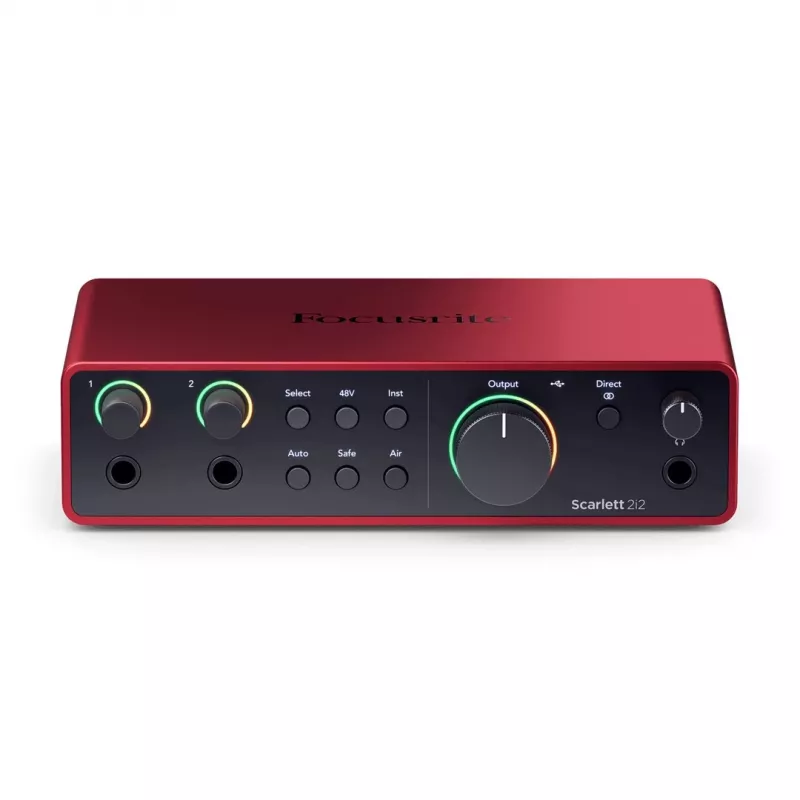 Garso sąsaja Focusrite Scarlett 2i2 4-os kartos — 2 į/2 iš USB-C, 24 bitų/192 kHz, 69 dB priešakiniai stiprintuvai, stalinė, juoda/raudona