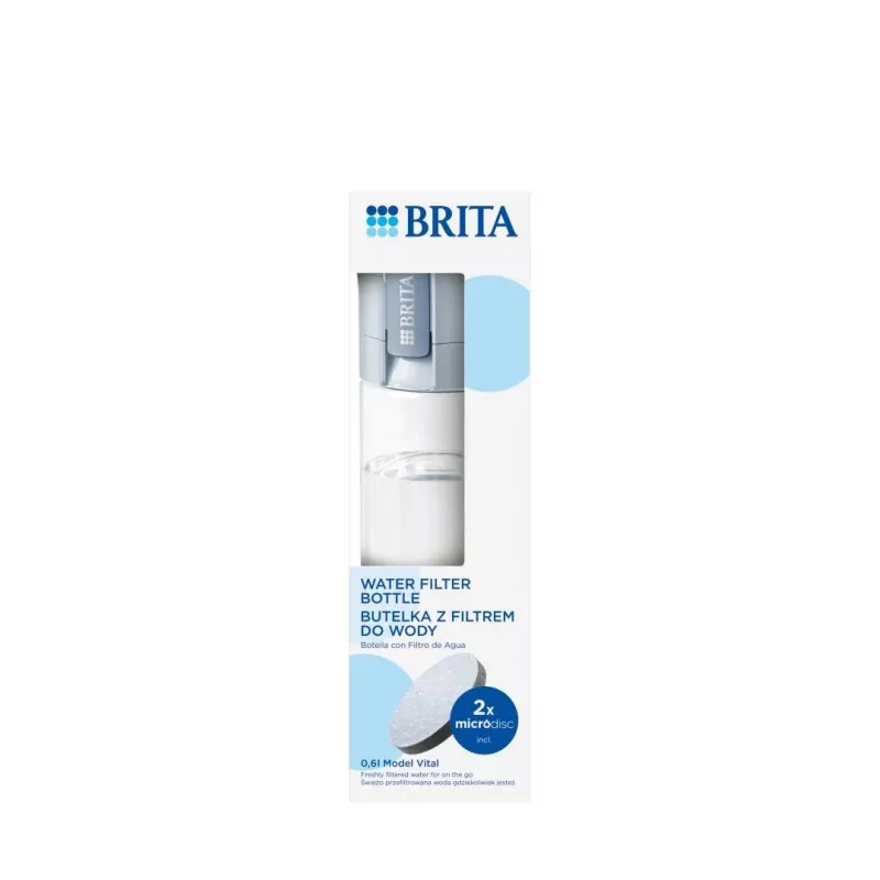 Filtruojantis butelis BRITA Vital Pastel Blue 600 ml su 2 MicroDisc filtrais, be BPA, tinkamas plauti indaplovėje