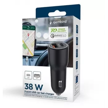 Automobilinis mobiliųjų įrenginių įkroviklis Gembird TA-UC-AC2PDQC38-CAR-01, USB-C, 38W, 12–24V, juodas