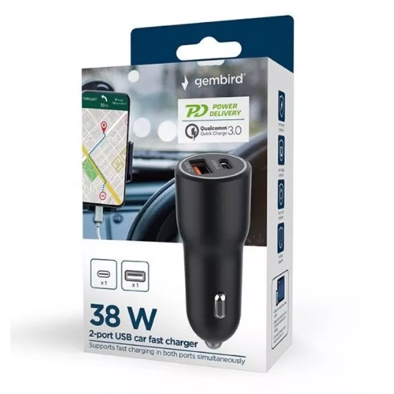 Automobilinis mobiliųjų įrenginių įkroviklis Gembird TA-UC-AC2PDQC38-CAR-01, USB-C, 38W, 12–24V, juodas