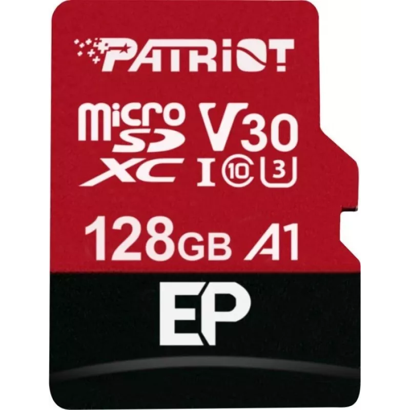 MicroSDXC atminties kortelė PATRIOT 128 GB Class 10 U3 V30, skaitymo greitis 100 MB/s, rašymo greitis 80 MB/s, microSDXC