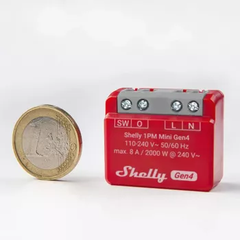 Išmanusis jungiklis „Shelly 1PM Mini Gen4“, belaidis 110–240 V kintamosios srovės, maks. 8 A / 2000 W, plastikinis korpusas 34×16×29 mm