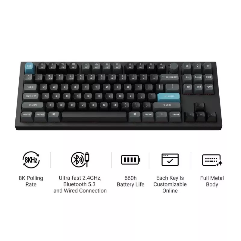 Mechaninė 80% QWERTY klaviatūra Keychron Q3 Ultra 8K – Bluetooth ir laidinė, RGB apšvietimas, juoda