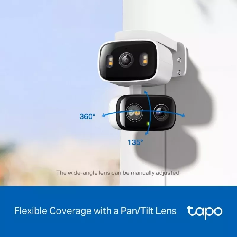 IP apsaugos kamera TP‑LINK Tapo C246D — 3MP (2304×1296), 2,8 mm, 107,8° matymo laukas, PTZ dviejų objektyvų, IP65, Wi‑Fi/Gigabit, microSD iki 512 GB