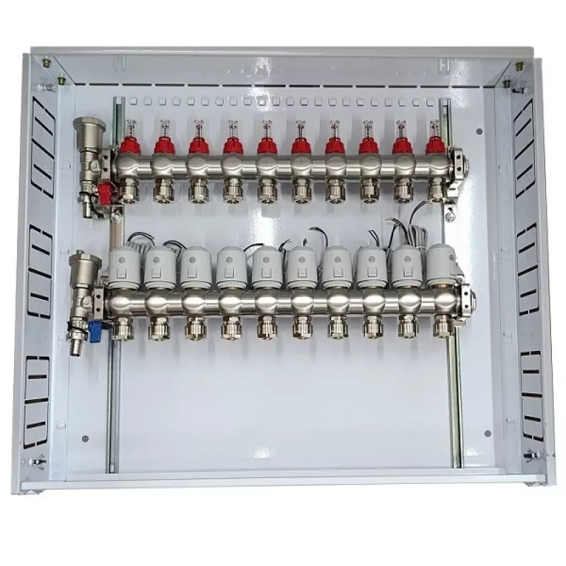 Grindinio šildymo kolektorius, 10 kontūrų, su NC AC230V termoelektrinėmis pavaromis ir srauto matuokliais