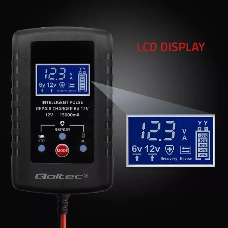 Baterijų įkroviklis QOLTEC 52426 AGM/GEL/STANDARTINĖMS baterijoms 6V/12V 2A su LED ekranu