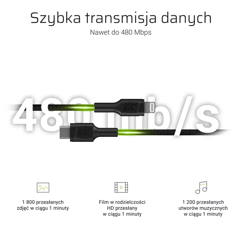 Lightning į USB-C laidą Green Cell KABGC07, 1 m, juodas, Lightning (kištukas) į USB-C (kištukas), 480 Mbps