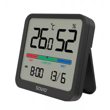 Vidaus temperatūros ir drėgmės jutiklis SAVIO CT-01/B atskirai stovintis, LCD, -10–55°C, 10–99% RH, CR2032