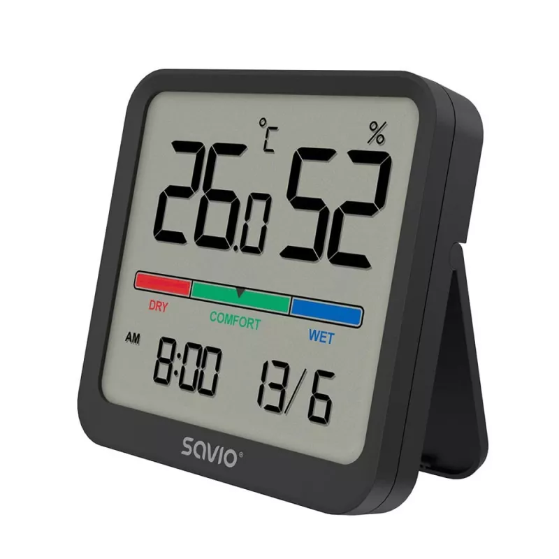 Vidaus temperatūros ir drėgmės jutiklis SAVIO CT-01/B atskirai stovintis, LCD, -10–55°C, 10–99% RH, CR2032