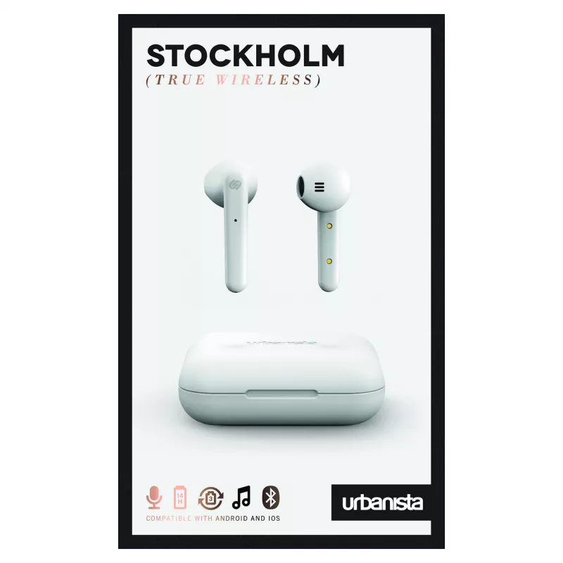 Headset URBANISTA Stockholm — Belaidės Bluetooth į ausis įdedamos ausinės skambučiams ir muzikai, 10 m veikimo nuotolis, Baltos