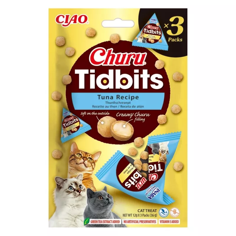 Šlapias kačių skanėstas INABA Cat Churu Tidbits Tuno receptas — 3 x 12 g paketėliai