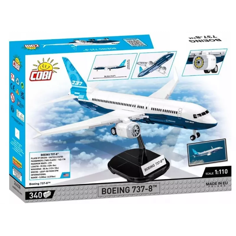 Statybinis rinkinys Cobi Boeing 737-8 — 340 detalių, rekomenduojamas amžius 7+, mėlyna ir balta