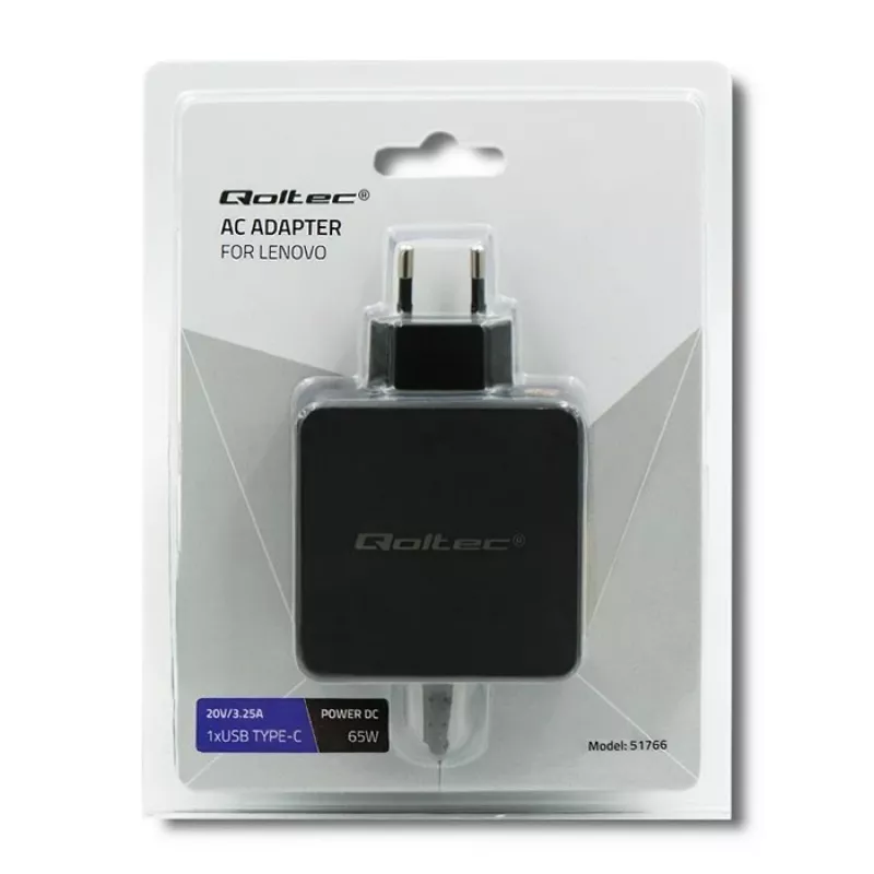 Maitinimo adapteris QOLTEC 51766 65W AC-to-DC 20V 3.25A, skirtas IBM/Lenovo, juodas, 1,75 m laidas