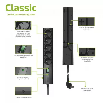 Apsaugotas nuo viršįtampių kištukinis lizdas EVER CLASSIC 5x tipo E lizdai, 250 V, 1,5 m kabelis, 175 J, su jungikliu