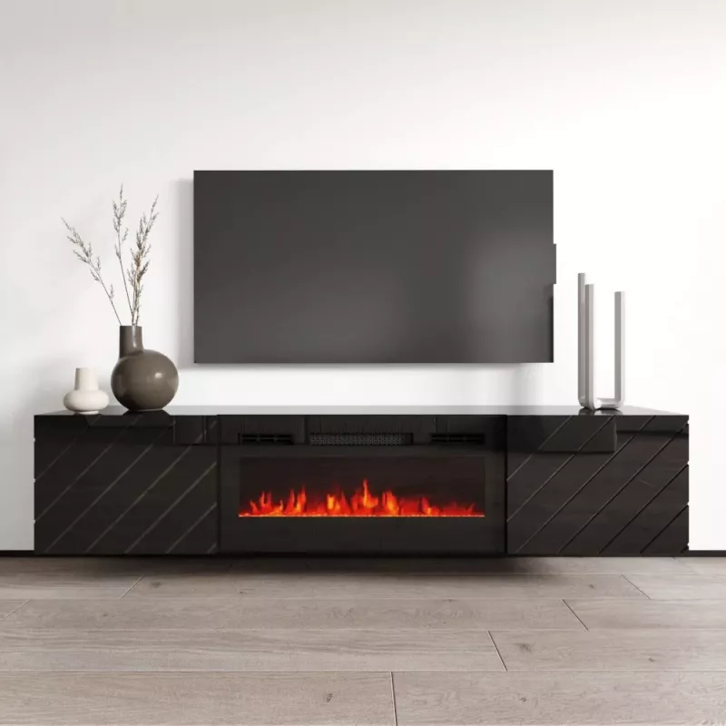 TV spintelė cama meble LUXE 301126 su įmontuotu elektriniu židiniu, 182,6×34,5×37,5 cm, juoda blizgi