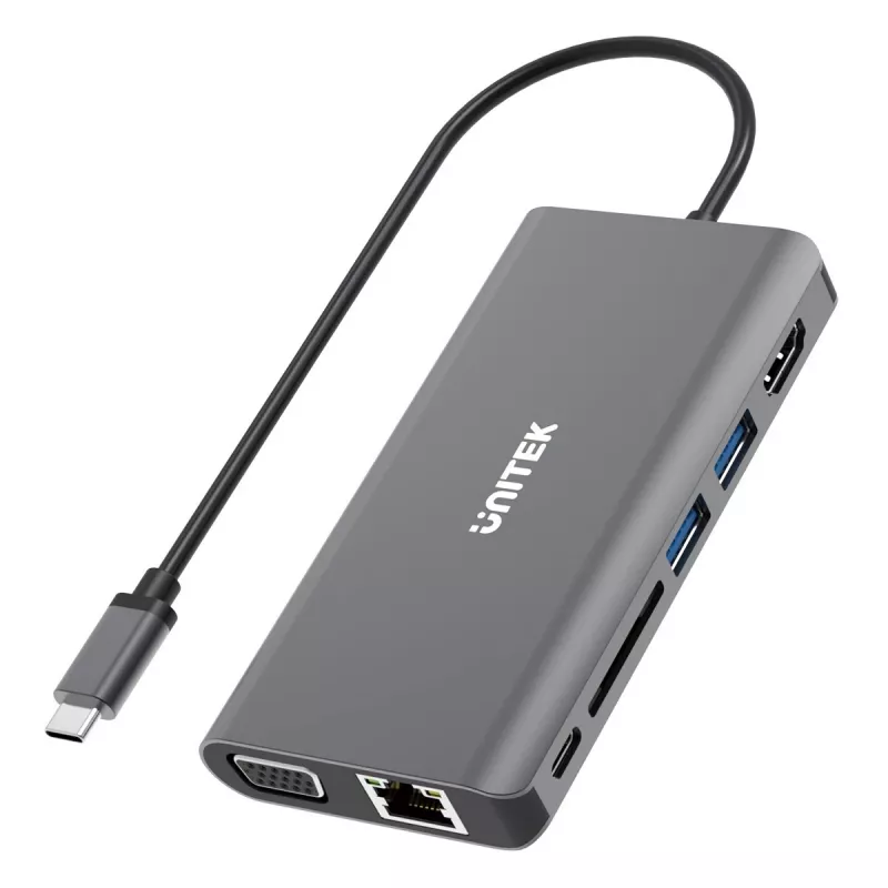 UNITEK uHUB O8+ laidinis USB 3.2 Gen 1 Type-C pilkas 100W Power Delivery