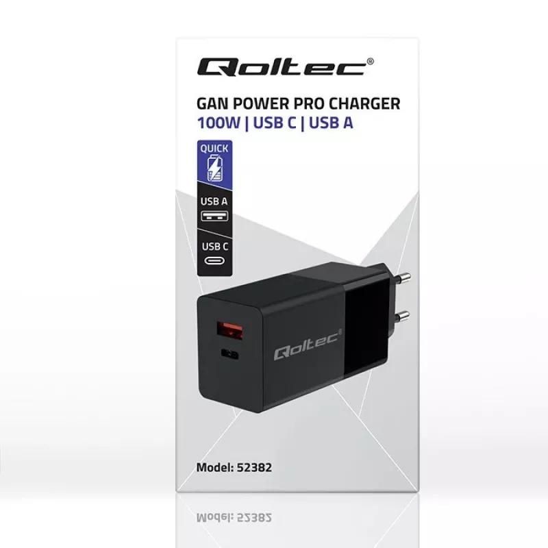 Qoltec 52382 GaN POWER PRO charger | 1xUSB type C | 1xUSB A | 100W | 5-20V | 1.5-5A | PD | Juoda