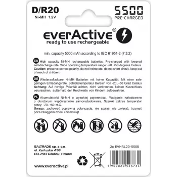 Įkraunama baterija everActive EVHRL20-5500 D NiMH 1.2V 5500mAh, pakuotėje 2 vnt.