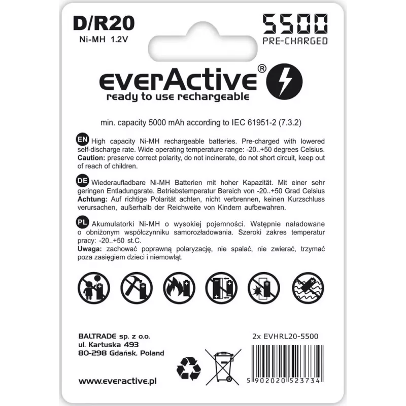 Įkraunama baterija everActive EVHRL20-5500 D NiMH 1.2V 5500mAh, pakuotėje 2 vnt.