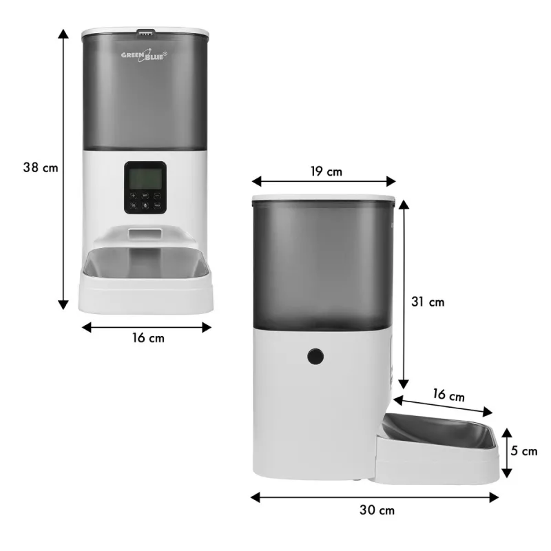 GreenBlue GB393 automatinis augintinių lesyklos dozatorius, 6 l, USB 5V/1A, baltas