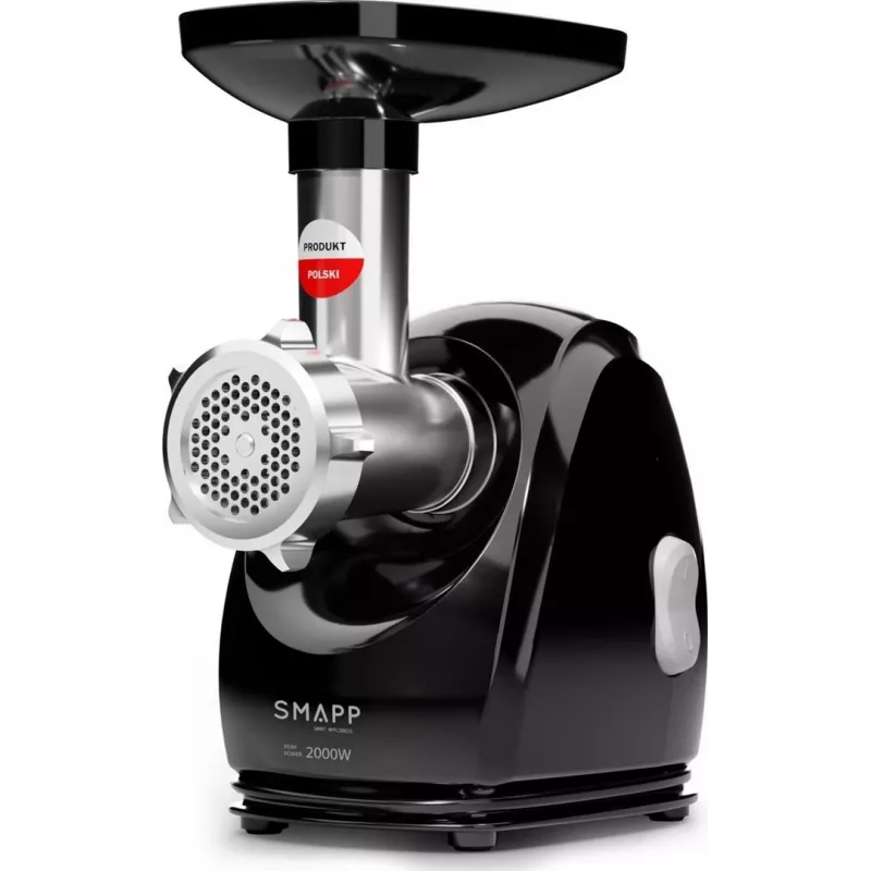 Mėsmalė SMAPP 489.8 — 2000 W, 2,5 kg/min našumas, nerūdijantis plienas, 3 sieteliai, kompaktiška juoda