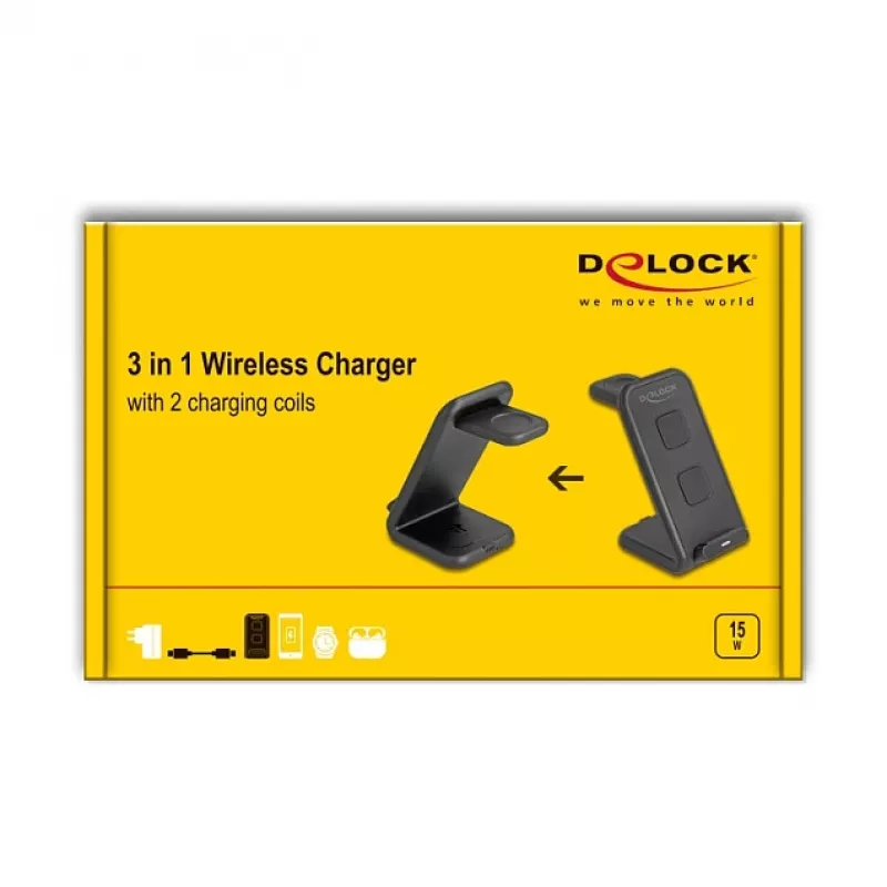 “DELOCK 66941” belaidis 3-in-1 įkroviklis, skirtas išmaniajam telefonui, išmaniajam laikrodžiui ir ausinėms, USB-C, 15 W, vidinis, juodas