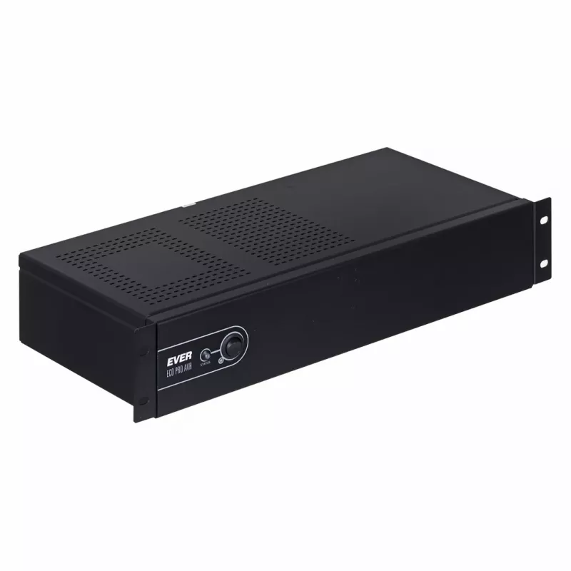 Į stovą montuojamas linijinės sąveikos UPS EVER ECO Pro 1200 AVR CDS, 1,2 kVA (650 W išvestis), 2U, 3× C13, USB-B, AVR, VRLA 12 V 5 Ah ×2