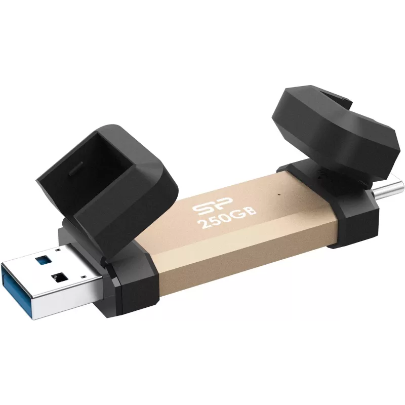USB flash drive Silicon Power DS72 250 GB, USB 3.2 Gen 2 Type-A / Type-C, aliuminis/guminis dangtelis, auksinė