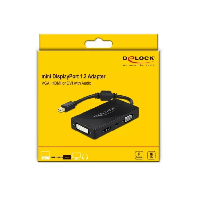 Adapter DeLOCK Mini DisplayPort 1.2 į VGA HDMI DVI Audio 4K Pasyvus Juodas