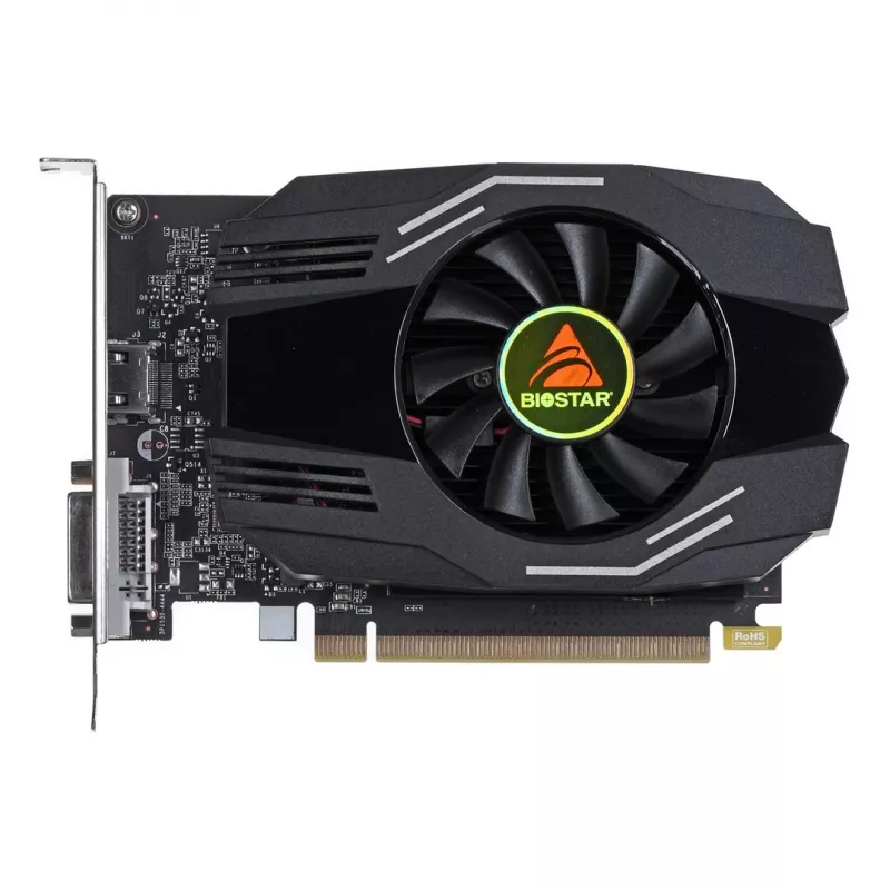 Grafikos plokštė BIOSTAR GeForce GT 1030 — 4 GB GDDR4, 64 bitų, PCIe x16 4.0, aktyvus aušinimas, DVI-D + HDMI