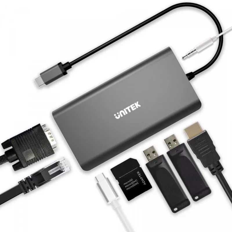 UNITEK uHUB O8+ laidinis USB 3.2 Gen 1 Type-C pilkas 100W Power Delivery