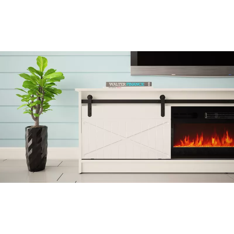 TV spintelė su elektriniu židiniu Cama Meble GRANERO model RTV GRANERO + KOM B/B, 200x56.7x35 cm, balta/baltas blizgesys, 2 durys, 2 lentynos, MDF/drožlių plokštė