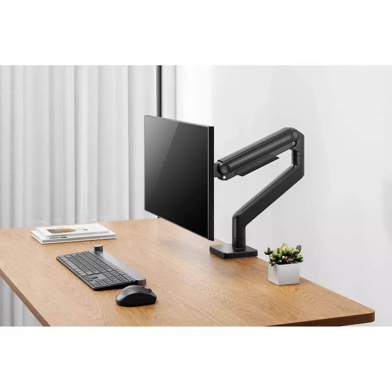 Monitoriaus laikiklis DIGITUS Single, spaustukas, iki 49 colių (124,5 cm), 20 kg, VESA 75x75–100x100, pasvirimas -20° iki 50°, aukščio reguliavimas, juodas