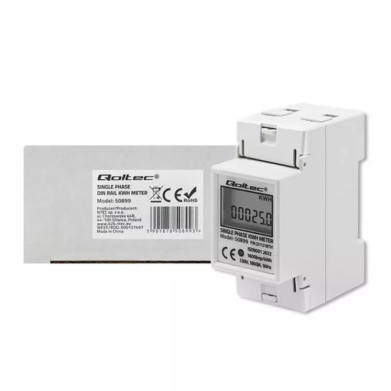 Vienfazis energijos suvartojimo skaitiklis QOLTEC 50899 230 V 50 Hz, 5(60)A, 1.0 klasė, LCD