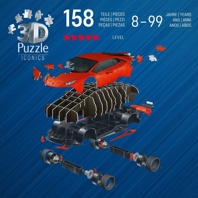3D Puzzle Ravensburger Lamborghini Huracan EVO — 158 vnt., mastelio modelio konstrukcija