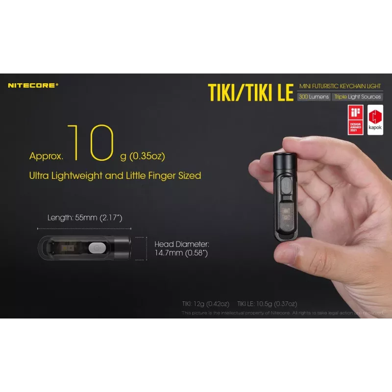 Rankinis žibintuvėlis Nitecore TIKI LE — 300 lm, USB-įkraunamas, polikarbonatas, IP66, atsparus smūgiams, 10,5 g, 55 mm, juodas