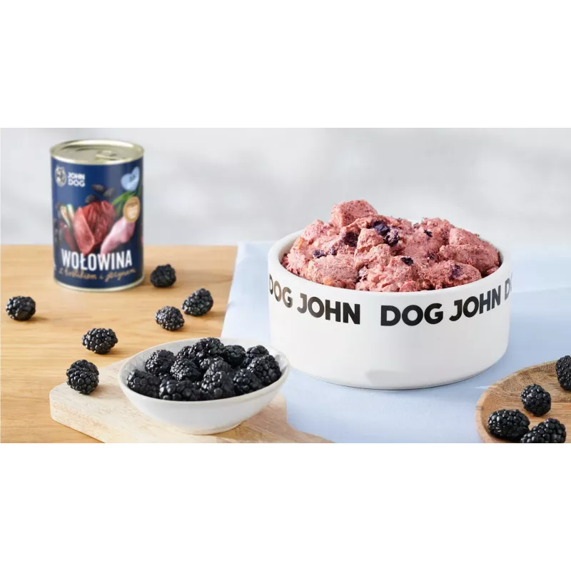 Šlapias šunų maistas john dog BERRY — jautiena ir triušiena su gervuogėmis, 400 g, jauniems šunims, pilnavertis pašaras