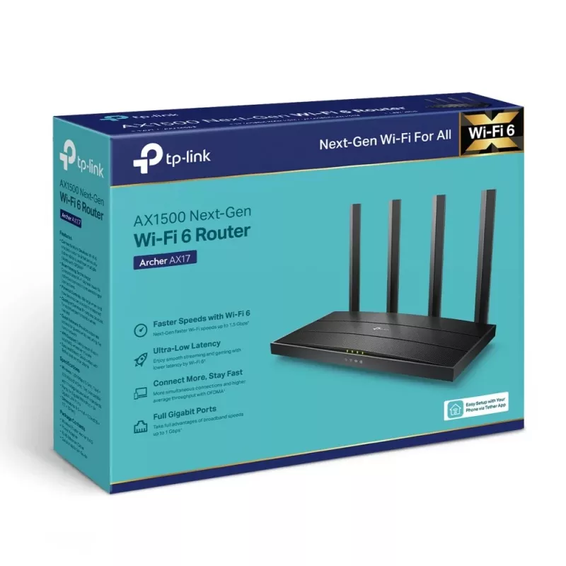 TP-Link Archer AX17 belaidis maršrutizatorius Gigabit Ethernet Dviejų juostų (2,4 GHz / 5 GHz) Juoda