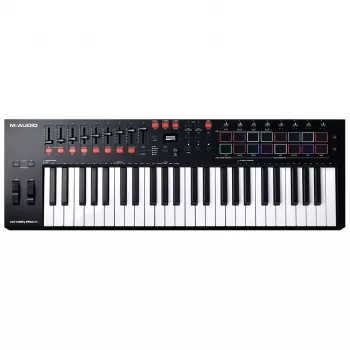 M-Audio Oxygen Pro 49 MIDI klaviatūros valdiklis — 49 klavišai, 16 padeliai, 9 šleifiniai reguliatoriai, OLED ekranas, USB, MIDI išėjimas