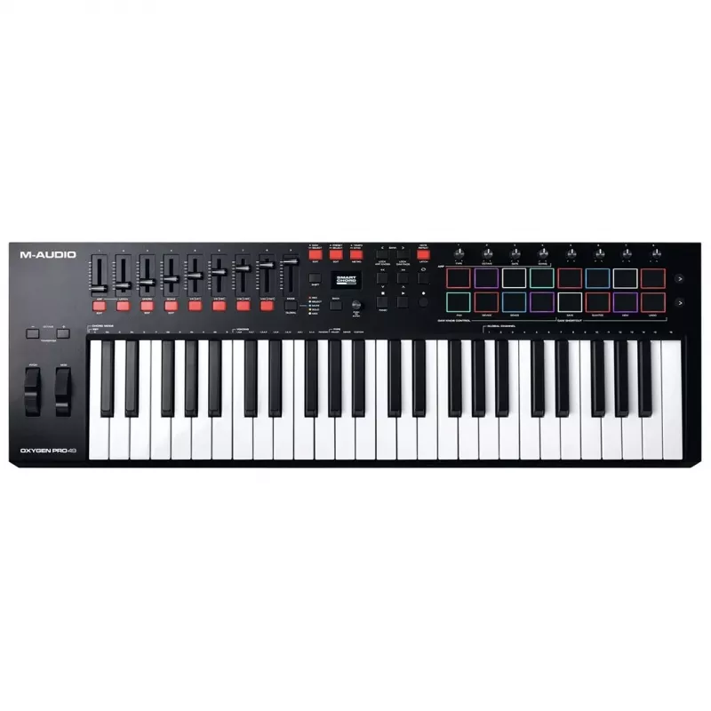 M-Audio Oxygen Pro 49 MIDI klaviatūros valdiklis — 49 klavišai, 16 padeliai, 9 šleifiniai reguliatoriai, OLED ekranas, USB, MIDI išėjimas