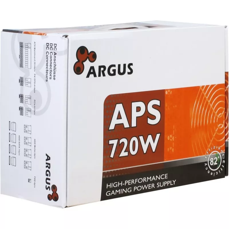 INTER TECH Argus APS-720W - Maitinimo blokai (115-230 V, 20+4 kontaktų ATX, 47-63 Hz, 12V1,+12V2,+3.3V,+5V,+5Vsb,12V, Aktyvus, ATX, Juoda)