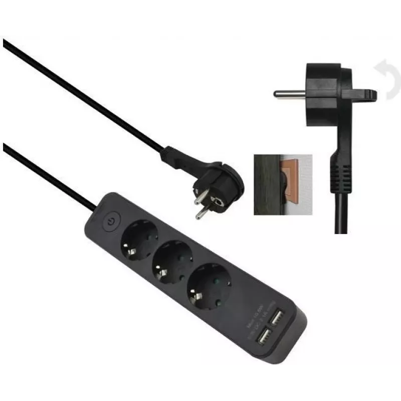 Maitinimo skirstytuvas HELOS ADVANCED 5 lizdai su USB įkrovikliu, juodas, 1,5 m kabelis