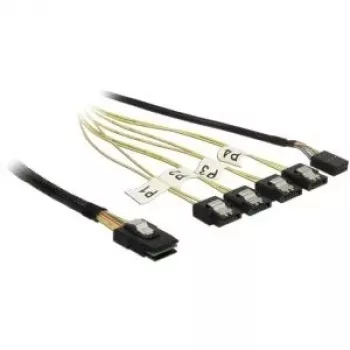 Vidinis Mini SAS į 4×SATA kabelis DELOCK 0,5 m — Mini SAS SFF-8087 į 4×SATA 7p, juoda/sidabrinė/geltona