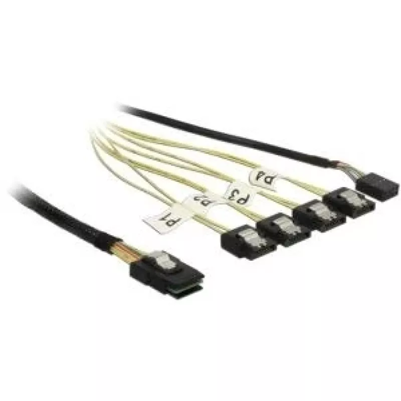 Vidinis Mini SAS į 4×SATA kabelis DELOCK 0,5 m — Mini SAS SFF-8087 į 4×SATA 7p, juoda/sidabrinė/geltona
