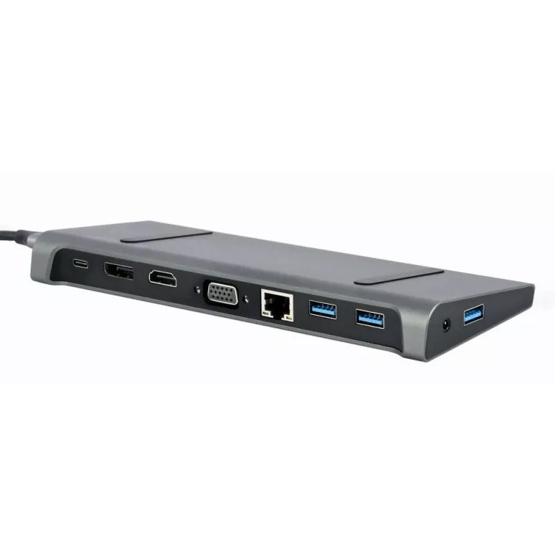 Nešiojamojo kompiuterio dokas Gembird A-CM-COMBO9-02 USB 3.2 Gen 1 Type-C, HDMI, VGA, 3×USB-A, Gigabit Ethernet, 87W PD, Pilka