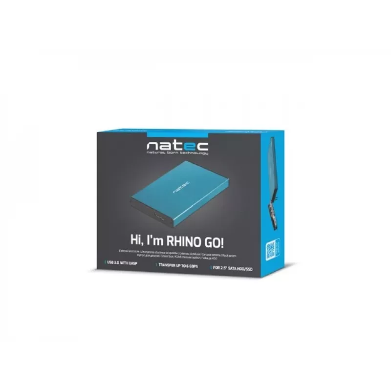 Išorinio HDD/SSD korpuso NATEC Rhino GO 2,5 colio — USB 3.0, SATA III, iki 4 TB, 9,5 mm, aliuminis, mėlynas