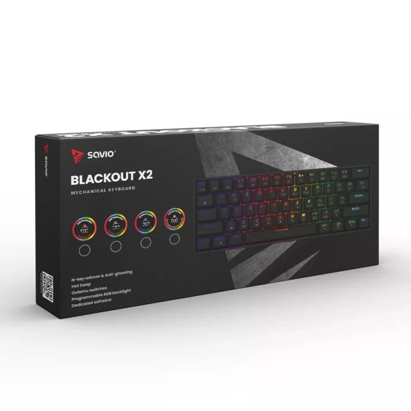 Mechaninė žaidimų klaviatūra SAVIO JuodaOUT X2 PEACH — 61 klavišų 60 % QWERTY, RGB LED, karštasis keitimas, USB Type-A/Type-C, nuimamas laidas